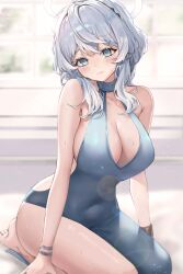 Rule 34 | 1girl, absurdres, ako (blue archive), ako (dress) (blue archive), backless dress, backless outfit, bare shoulders, blue archive, blue eyes, blue hair, blue halo, blurry, blurry background, breasts, cleavage, closed mouth, collarbone, commentary, covered navel, dress, halo, highres, large breasts, medium hair, official alternate costume, seiza, side slit, sitting, sleeveless, solo, ueng