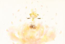 Rule 34 | 1girl, 7mm, bad id, bad pixiv id, belt, blonde hair, bow, closed eyes, detached sleeves, female focus, flower, gradient background, hair bow, hair ornament, hairclip, kagamine rin, navel, outstretched arms, petals, short hair, shorts, smile, solo, spread arms, vocaloid, yellow theme