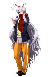 Rule 34 | 1girl, alternate costume, animal ears, blazer, rabbit ears, cellphone, contemporary, crescent, female focus, hand in pocket, highres, itou yuuji, jacket, light purple hair, long hair, pants, phone, plaid, plaid scarf, pleated skirt, purple hair, red eyes, red scarf, reisen udongein inaba, scarf, shoes, sidelocks, skirt, solo, sweater, sweater vest, touhou, very long hair