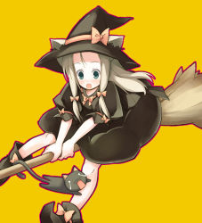 Rule 34 | 1girl, :o, animal ears, blonde hair, bow, broom, broom riding, cat, cat ears, dress, ears through headwear, green eyes, hat, long hair, murata mine, open mouth, original, ribbon, shoes, solo, surprised, tears, witch, witch hat, yellow background