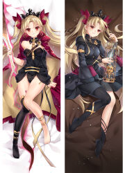 Rule 34 | 1girl, arm behind back, asymmetrical sleeves, bare legs, bare shoulders, black dress, black leotard, black panties, black thighhighs, blonde hair, blush, cage, cape, dakimakura (medium), detached collar, dress, earrings, ereshkigal (fate), ereshkigal (third ascension) (fate), fate/grand order, fate (series), full body, grin, groin, hair ribbon, holding, holding cage, holding weapon, infinity symbol, jewelry, knees together feet apart, knees up, leotard, long hair, looking at viewer, meslamtaea (weapon), moeanime, off shoulder, orange eyes, panties, red cape, red ribbon, ribbon, single bare leg, single sleeve, single thighhigh, smile, strapless, strapless dress, thighhighs, tiara, two side up, underwear, very long hair, weapon