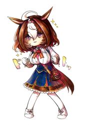 Rule 34 | 1girl, :3, ahoge, animal ears, bag, between breasts, blue dress, breasts, brown hair, chibi, clenched hands, dress, full body, gloves, hair intakes, hairband, highres, horse ears, large breasts, long sleeves, looking at viewer, mame nabe donko, medium hair, meisho doto (umamusume), multicolored hair, parted lips, ringed eyes, shirt, shoes, shoulder bag, simple background, solo, sparkle, standing, strap between breasts, two-tone hair, umamusume, v-shaped eyebrows, white background, white gloves, white shirt