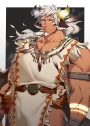 Rule 34 | 1boy, absurdres, animal ears, armband, asymmetrical horns, bara, belt, closed mouth, cow boy, cow ears, cow horns, cowboy shot, dark-skinned male, dark skin, facial hair, facial mark, fiery horns, forked eyebrows, glowing horns, glowing tattoo, goatee, highres, horns, jewelry, large pectorals, looking at viewer, male focus, mismatched horns, muscular, muscular male, necklace, pectorals, pelvic curtain, ponytail, purple eyes, short hair, sideburns, simple background, solo, spiked hair, tattoo, thick eyebrows, thighs, tokyo houkago summoners, ttn (239 239), wakan tanka, wakan tanka mugen