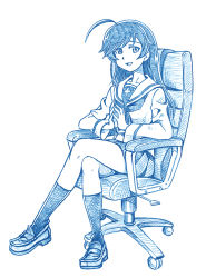 Rule 34 | 10s, 1girl, :d, bbb (friskuser), blue theme, chair, crossed legs, full body, girls und panzer, highres, isuzu hana, loafers, long hair, long sleeves, looking at viewer, miniskirt, monochrome, neckerchief, office chair, ooarai school uniform, open mouth, own hands together, pleated skirt, school uniform, serafuku, shoes, simple background, skirt, smile, solo, straight hair, swept bangs, swivel chair, tareme, white background