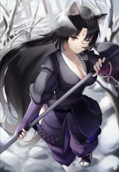 Rule 34 | 1girl, ;), absurdres, animal ears, arknights, beads, black hair, black kimono, breasts, cleavage, commentary, dog ears, facial mark, fingerless gloves, forehead mark, gloves, grey eyes, highres, holding, holding weapon, japanese clothes, kimono, large breasts, long hair, looking at viewer, one eye closed, prayer beads, purple gloves, roina (effj7473), saga (arknights), smile, socks, solo, standing, very long hair, weapon, white socks