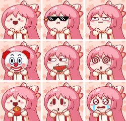 Rule 34 | :o, @ @, bow, chibi, clown mask, crying, crying with eyes open, eating, expression chart, food, french fries, fruit, fujiwara no mokou, hair bow, highres, jokanhiyou, mask, pink hair, serious, shirt, smile, sunglasses, suspenders, tears, touhou, watermelon, white shirt