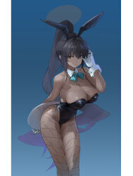 Rule 34 | 1girl, absurdres, animal ears, black hair, black leotard, blue archive, blue background, blue bow, blue bowtie, bow, bowtie, breasts, cleavage, dark-skinned female, dark skin, detached collar, dokshuri, fake animal ears, feet out of frame, fishnet pantyhose, fishnets, gloves, gradient background, gradient hair, halo, highleg, highleg leotard, highres, karin (blue archive), karin (bunny) (blue archive), large breasts, legs, leotard, long hair, looking at viewer, multicolored hair, official alternate costume, pantyhose, playboy bunny, ponytail, rabbit ears, side-tie leotard, simple background, strapless, strapless leotard, traditional bowtie, white gloves, wrist cuffs, yellow eyes