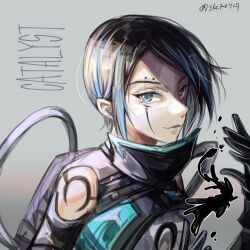 Rule 34 | 1girl, animification, apex legends, black gloves, black hair, blue eyes, blue hair, blue lips, bodysuit, cable, catalyst (apex legends), character name, clothing cutout, eyebrow piercing, gloves, grey background, grey bodysuit, hair behind ear, highres, looking at viewer, multicolored hair, piercing, shiori keta, short hair, shoulder cutout, solo, streaked hair, twitter username