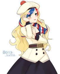 Rule 34 | 10s, 1girl, belt, beret, blonde hair, blue eyes, blue hair, buttons, commandant teste (kancolle), cowboy shot, double-breasted, flower, hair flower, hair ornament, hat, kantai collection, long hair, multicolored clothes, multicolored hair, multicolored scarf, pom pom (clothes), red hair, scarf, simple background, solo, streaked hair, white background, white hair, yamashichi (mtseven)