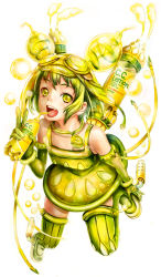 Rule 34 | 1girl, absurdres, bad id, bad pixiv id, boots, bubble, c.c. lemon, c.c. lemon (character), dress, drinking straw, gloves, goggles, goggles on head, green eyes, green footwear, green hair, green thighhighs, highres, jewelry, matching hair/eyes, necklace, open mouth, pierorabu, short hair, simple background, solo, steam, thigh boots, thighhighs, v, white background