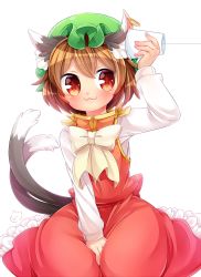 Rule 34 | 1girl, :3, animal ears, brown eyes, brown hair, cat ears, cat tail, chen, closed mouth, earrings, green hat, hat, highres, ibaraki natou, jewelry, long sleeves, mob cap, multiple tails, nekomata, short hair, single earring, solo, string phone, tail, touhou, transparent background, two tails
