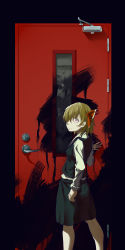 Rule 34 | 1girl, absurdres, black skirt, black vest, blonde hair, breasts, bright pupils, closed mouth, collared shirt, commentary, door, english commentary, expressionless, feet out of frame, hair ribbon, highres, kto znaet, long sleeves, looking at viewer, looking back, medium breasts, paint, red eyes, red ribbon, ribbon, rumia, shirt, short hair, skirt, skirt set, solo, the rolling stones, touhou, vest, white pupils, white shirt