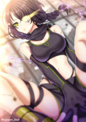 Rule 34 | 1girl, arm support, bandana, bikini, bikini bottom only, black gloves, black hair, black shorts, blurry, boots, braid, breasts, cinders, cleavage, closed mouth, crop top, day, depth of field, dutch angle, elbow gloves, electricity, fingerless gloves, girls&#039; frontline, gloves, glowing, glowing eye, glowing lines, green eyes, green trim, hair over one eye, highres, large breasts, lips, long hair, looking to the side, low twintails, mac-10 (girls&#039; frontline), midriff, navel, nayutaro (awasete0), shirt, shorts, solo, spread fingers, stitches, swimsuit, taut clothes, taut shirt, thigh strap, thighs, thong bikini, twin braids, twintails, twitter username, wall