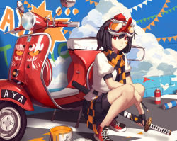 Rule 34 | 1girl, bandaid, bandaid on face, black hair, blue sky, cloud, day, goggles, goggles on head, hat, highres, katana, llc, looking at viewer, mask, paint can, puffy short sleeves, puffy sleeves, red eyes, shameimaru aya, shirt, short sleeves, skirt, sky, solo, spray paint, squatting, sword, tengu mask, tokin hat, touhou, weapon