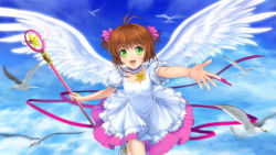 Rule 34 | 1990s (style), 1girl, bird, brown hair, cardcaptor sakura, child, day, dress, female focus, flying, green eyes, highres, hoshi no tsue, kinomoto sakura, magical girl, mutsuki (moonknives), outdoors, outstretched hand, retro artstyle, seagull, short hair, sky, smile, solo, twintails, wand, wings