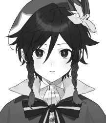 Rule 34 | 1boy, bow, braid, closed mouth, commentary request, expressionless, flower, genshin impact, greyscale, hair between eyes, hat, hat flower, high collar, highres, looking at viewer, male focus, monochrome, poi poifu, portrait, simple background, solo, twin braids, venti (genshin impact)