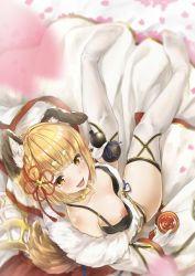 Rule 34 | 1girl, absurdres, alcohol, animal ears, blonde hair, blunt bangs, blurry, blurry foreground, blush, breasts, choker, cosplay, cup, depth of field, dog ears, from above, fur trim, gloves, granblue fantasy, hair ornament, highres, hyouta (yoneya), kumbhira (granblue fantasy), kumbhira (granblue fantasy) (cosplay), looking at viewer, looking up, nipple slip, nipples, off shoulder, open mouth, petals, sakazuki, sake, short hair, sitting, small breasts, solo, thighhighs, vajra (granblue fantasy), white gloves, yellow eyes