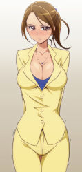 Rule 34 | 10s, 1girl, arms behind back, bad id, bad pixiv id, blazer, blush, breasts, brown eyes, brown hair, buttons, cleavage, cowboy shot, earrings, embarrassed, eyelashes, formal, gradient background, grey background, high ponytail, jacket, jewelry, large breasts, long sleeves, looking at viewer, mature female, motion lines, necklace, oimanji, pant suit, pants, parted lips, ponytail, precure, sasaki namie, short hair, short ponytail, smile precure!, solo, standing, suit, sweatdrop, swept bangs, taut clothes, teacher, thigh gap, trembling