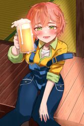 Rule 34 | 1girl, absurdres, alcohol, beer, beer mug, blush, breasts, character request, collared shirt, cup, drink, drunk, freckles, from above, futoshi tanaka, green eyes, happy, highres, holding, holding drink, looking at viewer, medium breasts, mug, open mouth, pink hair, shirt, short hair, sitting, sleeves rolled up, smile, solo, source request, suspenders, suspenders slip, thigh gap, toasting (gesture), virtual youtuber