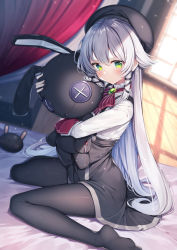 Rule 34 | 1girl, altina orion, bed sheet, beret, black hat, black pantyhose, black ribbon, black skirt, blouse, blurry, blurry background, blush, bow, brooch, closed mouth, commentary request, curtains, day, depth of field, eiyuu densetsu, falcom, green eyes, grey hair, gurasion (gurasion), hair between eyes, hair ribbon, hat, hugging object, indoors, jewelry, long hair, long sleeves, looking at viewer, no shoes, pantyhose, red bow, ribbon, sen no kiseki, shirt, sitting, skirt, solo, striped, striped bow, stuffed animal, stuffed rabbit, stuffed toy, sunlight, suspender skirt, suspenders, thighs, very long hair, wariza, white shirt, window