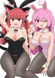 Rule 34 | 2girls, animal ears, bare shoulders, black bow, black bowtie, blue nails, bow, bowtie, braid, breasts, cat ears, chups, cleavage, detached collar, highres, kaenbyou rin, knees together feet apart, large breasts, leotard, long hair, multiple girls, nail polish, pantyhose, playboy bunny, purple nails, rabbit ears, red eyes, red hair, red nails, reisen udongein inaba, simple background, touhou, white background, wrist cuffs