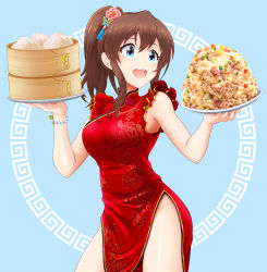 Rule 34 | 1girl, baozi, blue background, blue eyes, breasts, brown hair, china dress, chinese clothes, commentary request, cowboy shot, dress, eva 16-gouki, floral print, flower, food, fried rice, hair flower, hair ornament, highres, idolmaster, idolmaster million live!, idolmaster million live! theater days, long hair, medium breasts, open mouth, pelvic curtain, ponytail, red dress, satake minako, smile, solo
