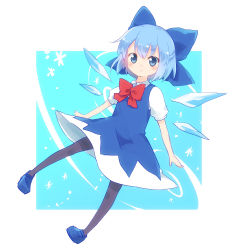 Rule 34 | 1girl, ayakashi (monkeypanch), black pantyhose, blue dress, blue eyes, blue hair, bow, cirno, dress, dress shirt, dutch angle, full body, hair bow, highres, looking at viewer, mary janes, matching hair/eyes, outstretched arms, pantyhose, pigeon-toed, pinafore dress, shirt, shoes, short hair, sleeveless dress, smile, solo, spread arms, standing, touhou, wings