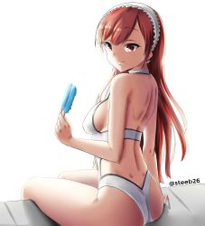 Rule 34 | 1girl, absurdres, breasts, cherche (fire emblem), closed mouth, fire emblem, fire emblem awakening, food, from behind, hairband, highres, holding, long hair, looking back, medium breasts, nintendo, popsicle, red eyes, red hair, sideboob, simple background, sitting, smile, solo, steeb, swimsuit, twitter username, white background