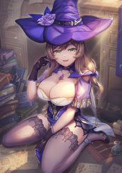 Rule 34 | 1girl, between legs, black gloves, black thighhighs, book, breasts, brown hair, capelet, cleavage, dress, flower, genshin impact, gloves, green eyes, hand between legs, hat, high heels, highres, jewelry, kimo como, large breasts, lisa (genshin impact), long hair, looking at viewer, on floor, open mouth, pelvic curtain, pendant, playing with own hair, purple capelet, purple dress, purple flower, purple hat, purple rose, rose, scroll, sitting, smile, solo, sunlight, thighhighs, wariza, witch hat