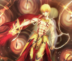 Rule 34 | 2boys, abs, armor, back-to-back, bare pectorals, blonde hair, cape, chain, clenched hand, commentary request, ea (fate/stay night), earrings, enkidu (fate), enkidu (weapon) (fate), fate/stay night, fate/strange fake, fate (series), faulds, gate of babylon (fate), gilgamesh (fate), gold armor, green hair, highres, holding, holding weapon, jewelry, long hair, looking at viewer, male focus, multiple boys, muscular, necklace, pectorals, red cape, red eyes, reluvy, tattoo, topless male, weapon