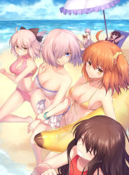 Rule 34 | 6+girls, :d, :o, ^ ^, alternate costume, banana boat, bare arms, bare legs, bare shoulders, barefoot, beach, beach umbrella, bikini, bikini skirt, blue eyes, blue sky, blush, book, braid, breasts, brown eyes, brown hair, chair, character request, cleavage, closed eyes, cloud, cloudy sky, collarbone, commentary request, day, fate/grand order, fate (series), frilled umbrella, frills, from above, front-tie bikini top, front-tie top, fujimaru ritsuka (female), gogatsu fukuin, hair between eyes, hair ornament, hair over one eye, hair scrunchie, highres, holding, holding another&#039;s wrist, holding book, horizon, inflatable banana, inflatable toy, koha-ace, large breasts, long hair, lounge chair, lying, mash kyrielight, multiple girls, ocean, oda nobunaga (fate), oda nobunaga (koha-ace), okita souji (fate), okita souji (koha-ace), on back, one-piece swimsuit, one side up, open book, open mouth, outdoors, pink bikini, purple bikini, purple eyes, purple hair, reading, red one-piece swimsuit, running, sand, scathach (fate), scathach (fate/grand order), scathach (swimsuit assassin) (fate), school swimsuit, scrunchie, side-tie bikini bottom, sitting, sky, smile, sunglasses, swimsuit, transparent, umbrella, very long hair, water, white bikini, white one-piece swimsuit, white school swimsuit, yellow bikini, yellow scrunchie