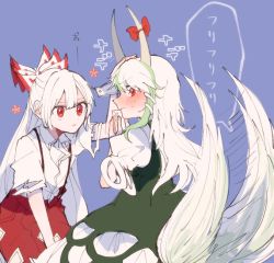 Rule 34 | 2girls, blue background, blush, bow, dress, ex-keine, fujiwara no mokou, green dress, green hair, hair bow, hand on another&#039;s head, headpat, horn bow, horn ornament, horns, itomugi-kun, kamishirasawa keine, long hair, multicolored hair, multiple girls, pants, red bow, red eyes, red pants, shirt, short sleeves, single wrist cuff, tail, tail wagging, torn clothes, torn sleeves, touhou, two-tone hair, white bow, white hair, white shirt, wrist cuffs