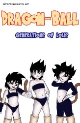 3girls absurdres bikini comic_cover dragon_ball_generations_of_lolis gloves highres monkey_tail multiple_girls neosketchart saiyan saiyan_tail simple_background source_request swimsuit tagme tail white_gloves