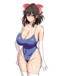Rule 34 | 1girl, bare shoulders, blue one-piece swimsuit, breasts, brown hair, chin (motio7201), cleavage, collarbone, commentary request, cowboy shot, elbow gloves, gloves, hair between eyes, hair ribbon, hair tubes, hakurei reimu, large breasts, one-piece swimsuit, red eyes, red ribbon, ribbon, sidelocks, sweat, swimsuit, thighhighs, thighs, touhou, white thighhighs