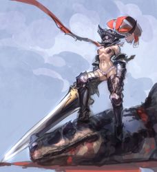Rule 34 | 1girl, abs, armor, armored boots, bikini armor, boots, breasts, covered face, death, dragon, fantasy, female knight, gauntlets, greatsword, helmet, highres, holding, holding sword, holding weapon, knight, muscular, muscular female, nishiki areku, original, plume, revealing clothes, sword, thigh boots, thighhighs, weapon
