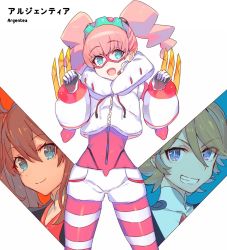 Rule 34 | 10s, 1boy, 2girls, argentea (darling in the franxx), blue eyes, brown hair, character name, cow (shadow), cowboy shot, darling in the franxx, humanization, jacket, looking at viewer, miku (darling in the franxx), multiple girls, pink hair, short shorts, short twintails, shorts, smile, twintails, uniform, white shorts, zorome (darling in the franxx)