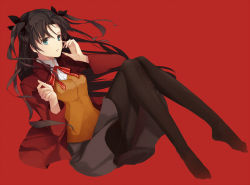 Rule 34 | 1girl, bad id, bad pixiv id, black pantyhose, blue eyes, brown hair, fate/stay night, fate (series), fengchuilizili, hair ribbon, jacket, long hair, long legs, no shoes, pantyhose, red background, red jacket, ribbon, solo, tohsaka rin, two side up