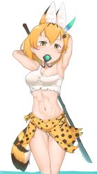Rule 34 | 1girl, :3, animal ears, armpits, arms behind head, arms up, black hair, breasts, chis (js60216), crop top, extra ears, feather hair ornament, feathers, hair between eyes, hair ornament, hairclip, head tilt, highres, jewelry, kemono friends, linea alba, looking at viewer, lucky beast (kemono friends), medium breasts, medium hair, midriff, mouth hold, multicolored hair, navel, orange hair, pendant, polearm, serval (kemono friends), serval print, shirt, single-shoulder shirt, skirt, smile, solo, spear, standing, stomach, survival friends, tail, tank top, thigh gap, toned, torn clothes, two-tone hair, wading, water, weapon, wet