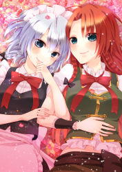 Rule 34 | 2girls, apron, aqua eyes, blue eyes, bow, bowtie, braid, chitose (usacan), glitter, hand on own chin, hand on own stomach, hong meiling, izayoi sakuya, light purple hair, looking at viewer, lying, maid headdress, multiple girls, no headwear, parted bangs, petals, red hair, short sleeves, silver hair, smile, sparkle, touhou, twin braids, vest, waist apron, wrist cuffs