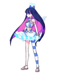 Rule 34 | 1girl, 28 (282teeth), angel, angel wings, aqua eyes, bare shoulders, blue bow, blue hair, blue thighhighs, blunt bangs, bow, bracelet, bright pupils, brown choker, choker, collarbone, dark blue hair, dress, eyelashes, eyes visible through hair, film grain, frilled choker, frilled dress, frills, glowing, glowing sword, glowing weapon, grey background, hair bow, halo, heart, highres, holding, holding sword, holding weapon, jewelry, katana, long hair, looking at viewer, mini wings, multicolored hair, off-shoulder dress, off shoulder, panty &amp; stocking with garterbelt, pink hair, simple background, single thighhigh, solo, standing, stocking (psg), streaked hair, striped clothes, striped thighhighs, sword, thighhighs, toeless footwear, two-tone hair, very long hair, weapon, white pupils, white thighhighs, wings