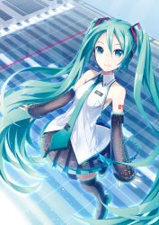 Rule 34 | 1girl, boots, detached sleeves, green eyes, green hair, hatsune miku, hatsune miku (vocaloid3), headset, ixima, long hair, matching hair/eyes, nail polish, necktie, skirt, smile, solo, thigh boots, thighhighs, twintails, very long hair, vocaloid