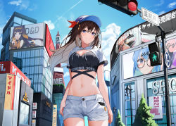 Rule 34 | 1girl, baseball cap, black shirt, blouse, blue eyes, blue hat, blue sky, breasts, brown hair, character name, city, cloud, commentary, cowboy shot, crop top, day, drawstring, floating hair, hair between eyes, hat, highres, hololive, hololive english, hood, hood down, hoshimachi suisei, isaya (pixiv4541633), long hair, looking at viewer, navel, ninomae ina&#039;nis, outdoors, scenery, shirt, short shorts, short sleeves, shorts, sky, solo, standing, stomach, symbol-only commentary, tokino sora, virtual youtuber, white shorts