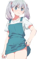 Rule 34 | 1girl, blue eyes, blue overalls, blush, closed mouth, collarbone, commentary, cowboy shot, eromanga sensei, grey hair, highres, izumi sagiri, kusana (kusana47454281), lifted by self, long hair, looking at viewer, overalls, shirt, short sleeves, simple background, solo, t-shirt, twintails, wavy mouth, white background, white shirt