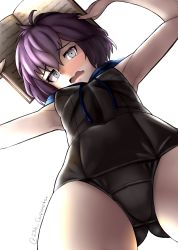 Rule 34 | 1girl, absurdres, ahoge, ass, bernadetta von varley, blush, book, breasts, crotch, embarrassed, fire emblem, fire emblem: three houses, grey eyes, gupunetsu, highres, looking at viewer, nintendo, open mouth, purple hair, school swimsuit, shadow, short hair, simple background, small breasts, solo, swimsuit, wavy hair, wavy mouth