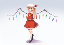 Rule 34 | 1girl, arms behind back, ascot, bat wings, blonde hair, breasts, crystal, flandre scarlet, full body, gradient background, hat, hat ribbon, long hair, mary janes, mob cap, oukatihiro, ribbon, shoes, side ponytail, skirt, skirt set, sleeveless, small breasts, solo, touhou, wings