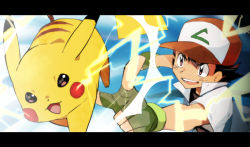 Rule 34 | 1boy, ash ketchum, baseball cap, black hair, brown eyes, brown shirt, chinkichi, commentary request, creatures (company), electricity, fingerless gloves, game freak, gen 1 pokemon, gloves, green gloves, hat, jacket, letterboxed, male focus, nintendo, open mouth, pikachu, pokemon, pokemon (anime), pokemon (classic anime), pokemon (creature), red headwear, shirt, short hair, short sleeves, smile, teeth, tongue
