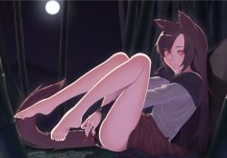 Rule 34 | 1girl, animal ears, bamboo, bare legs, barefoot, brown hair, feet, fingernails, full body, full moon, imaizumi kagerou, kaiza (rider000), long fingernails, long hair, looking at viewer, moon, night, night sky, outdoors, plantar flexion, reclining, red eyes, red skirt, skirt, sky, smile, solo, tail, touhou, wolf ears, wolf tail