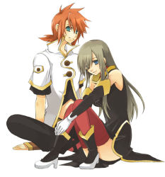 Rule 34 | 00s, 1boy, 1girl, blue eyes, boots, brown hair, couple, gloves, green eyes, hetero, long hair, luke fon fabre, red hair, red thighhighs, smile, tales of (series), tales of the abyss, tear grants, thighhighs