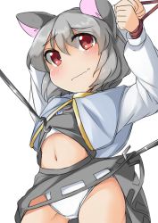 Rule 34 | 1girl, animal ears, arms up, assisted exposure, bdsm, blush, bondage, bound, bound wrists, capelet, clothes lift, dowsing rod, fun bo, grey hair, long sleeves, midriff, mouse ears, navel, nazrin, panties, pantyshot, red eyes, restrained, shirt lift, skirt, skirt lift, skirt set, skirt tug, solo, standing, touhou, underwear, upskirt, wavy mouth, white panties