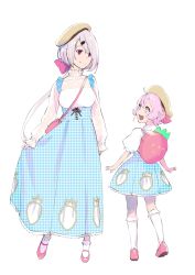 Rule 34 | 2girls, :d, asymmetrical hair, backpack, bag, beret, blouse, blue dress, bow, breasts, checkered clothes, checkered dress, commentary request, dress, frilled legwear, full body, hair ornament, hair over one eye, hairclip, handbag, hat, hat bow, highres, holding, holding clothes, holding dress, kneehighs, long dress, long hair, long sleeves, looking at another, looking down, looking up, low ponytail, mary janes, matching outfits, medium breasts, mitsuya ryo, multiple girls, nijisanji, open mouth, pink bag, pink eyes, pink footwear, pink hair, ponytail, puffy sleeves, red eyes, see-through, see-through sleeves, shiina yuika, shirt, shoes, short dress, short sleeves, simple background, smile, socks, standing, strawberry bag, ushimi ichigo, very long hair, virtual youtuber, white background, white hair